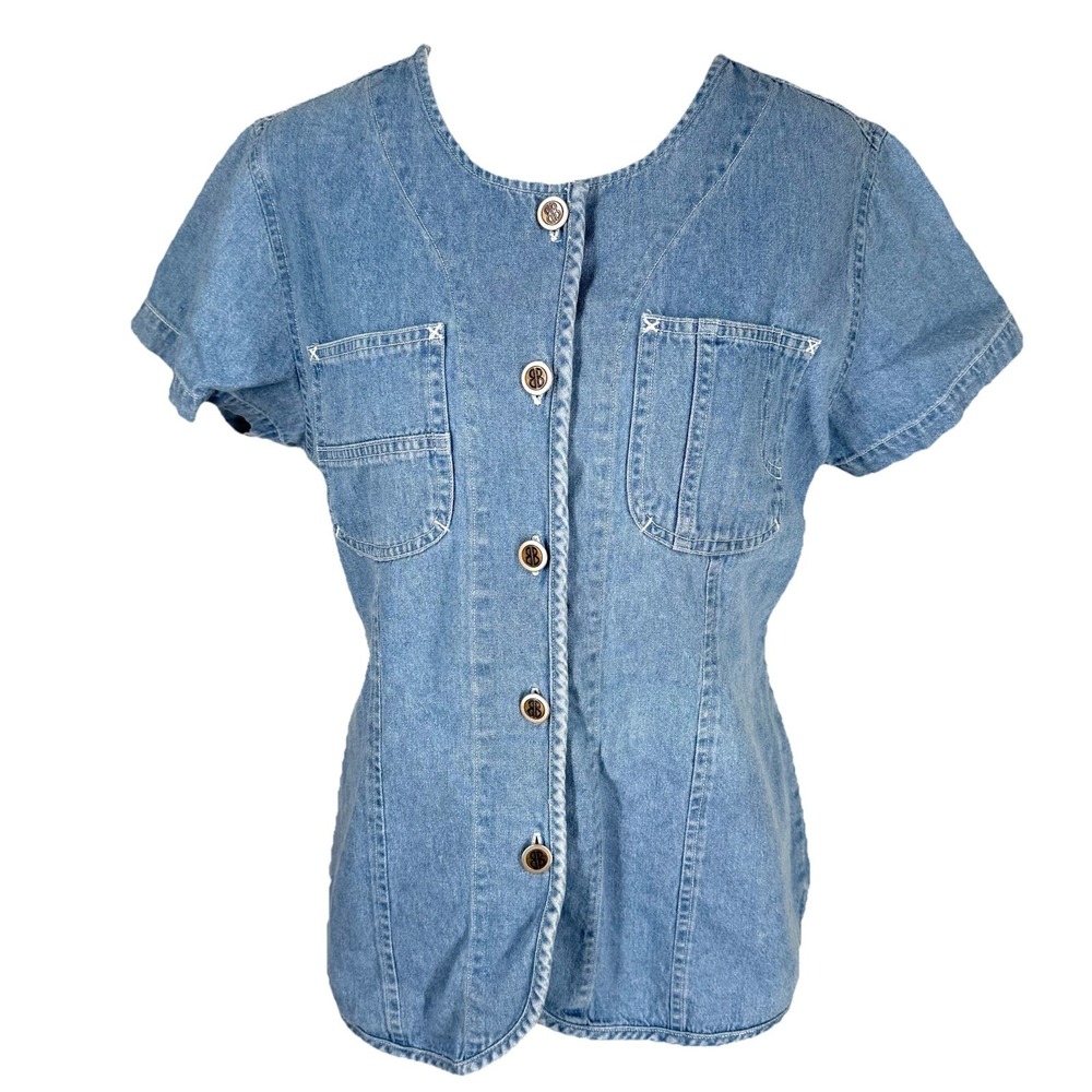 Vintage 90s Denim Top Womans M Indie Y2K Minimalist Casual Effortless Button Up
